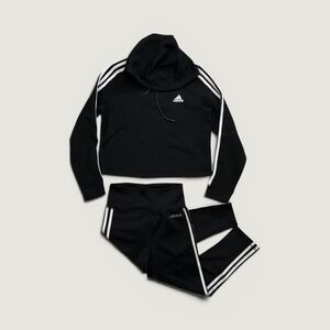 Adidas Bundle Tracksuit Set Womens Medium Crop Hoodie capri Leggings 3-Stripe